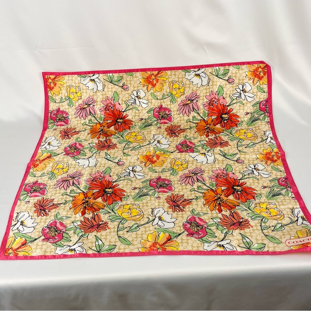 Coach Signature C Floral Print Scarf 26” Square Orange Yellow Pink Tan RN26128 - Picture 5 of 6